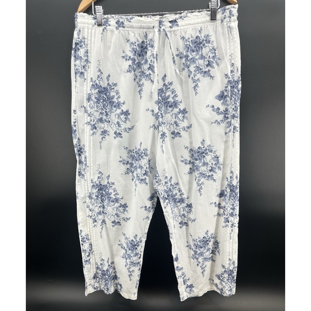 Soft Surroundings Cotton White Blue Floral Lounge Pajama Pants Boho Cottage TT21